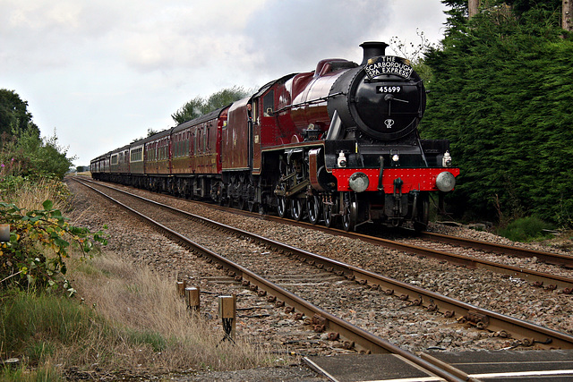 Stanier LMS class 6P Jubilee 4-6-0 45699 GALATEA with 1Z27 17.13 Scarborough - Carnforth The Scarborough Spa Express at Ganton Crossing 1st August 2019.