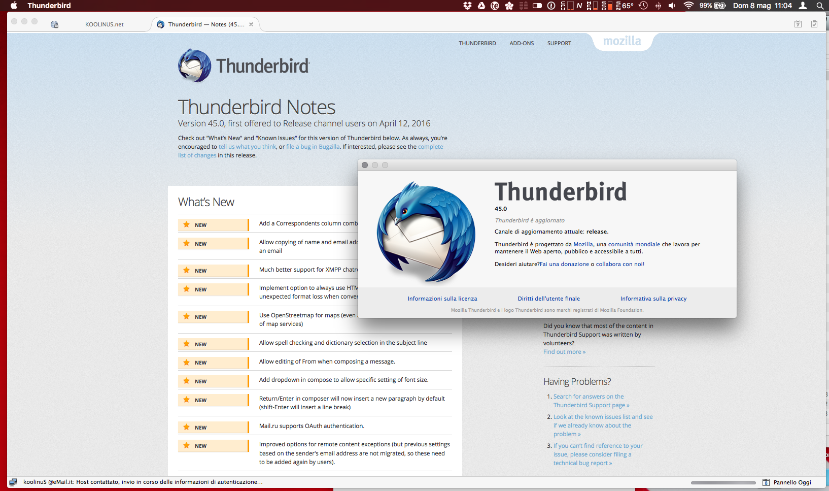screenshot of my Thunderbird 45