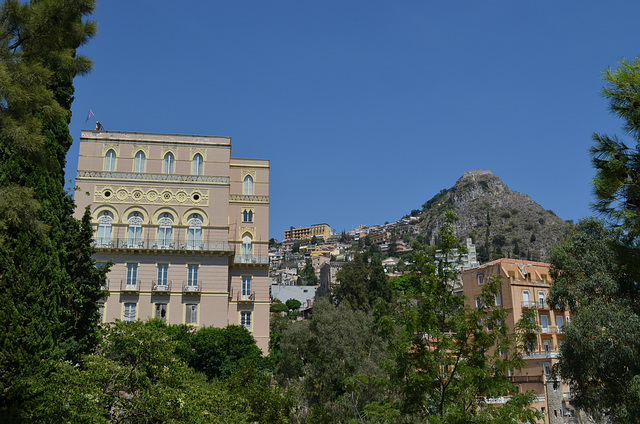 Taormina, Excelsior Palace and Castelmola on the Hill