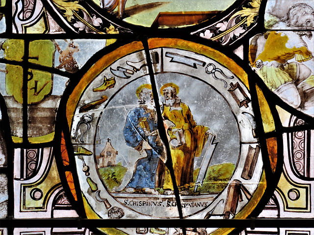 canterbury museum glass   (31) st crispin and st crispinian, c17 flemish roundel with cobblers' tools