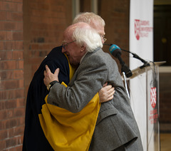 Michael D Higgins hugs Frank Ormsby