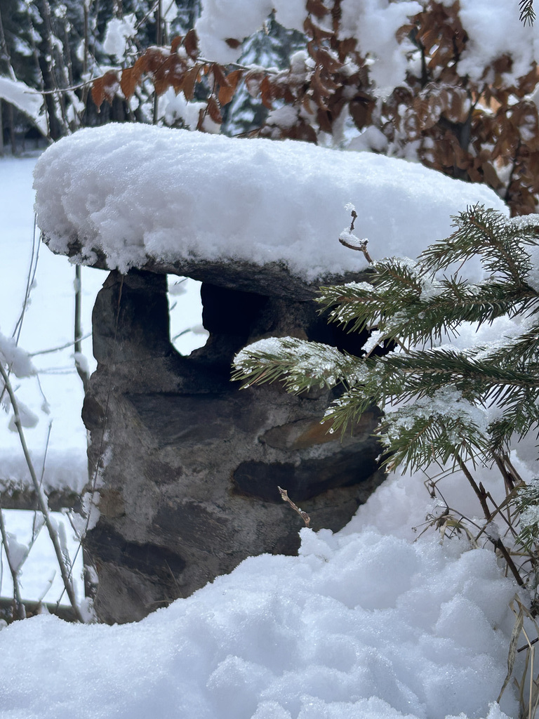 Snow covered chimney.
