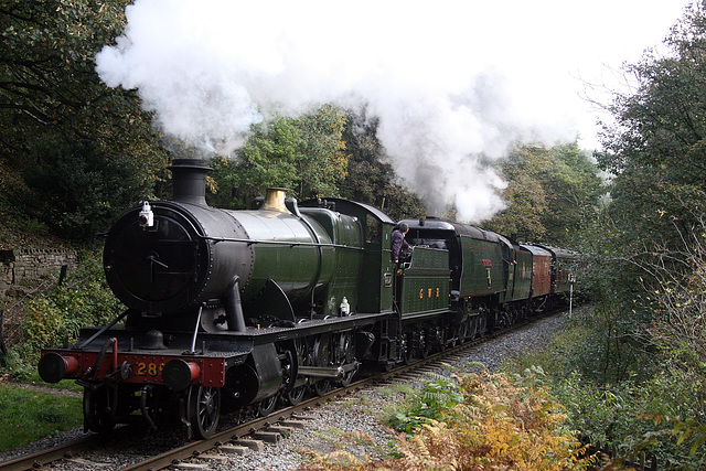 GWR 2800 class 2-8-0 2857+Bulleid West country class 4-6-2 34092 CITY OF WELL`S double head the 1J61 13.50 Heywood - Rawtenstall at Summerseat 19th October 2018. (ELR)