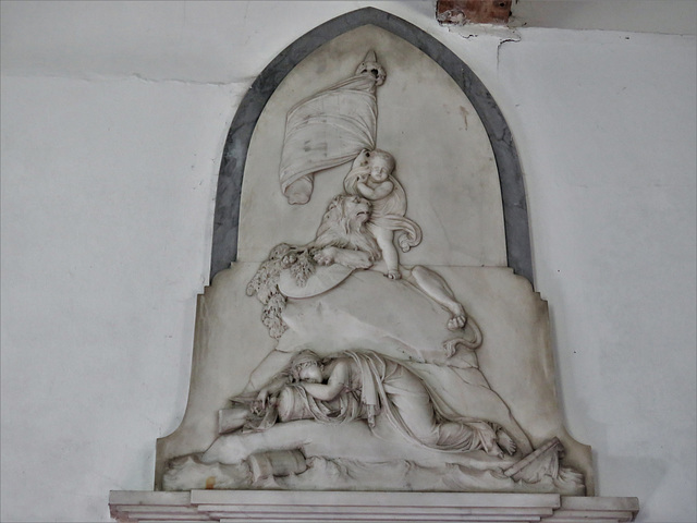 navestock church, essex  (39) c19 tomb of edward waldegrave +1809 by john bacon jnr. with lion mourner and cherub