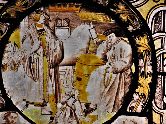 canterbury museum glass   (36) c16 flemish glass roundel; a man with a hawk and horse speaks to an unhappy man with rosary beads