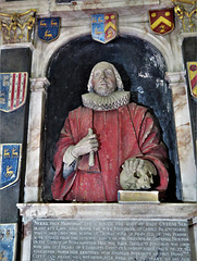 navestock church, essex  (46)c17 tomb of judge john greene +1653, attrib to joshua marshall. lots of heraldry around a demi effigy with a skull