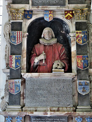 navestock church, essex  (47)c17 tomb of judge john greene +1653, attrib to joshua marshall. lots of heraldry around a demi effigy with a skull