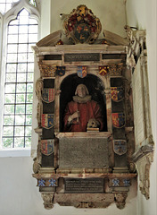navestock church, essex  (48)c17 tomb of judge john greene +1653, attrib to joshua marshall. lots of heraldry around a demi effigy with a skull