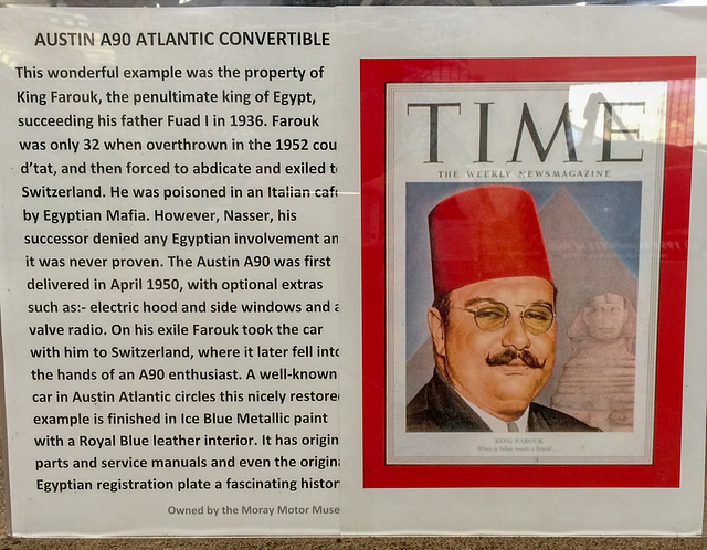 Information on the Austin Atlantic A90 Convertible owned by King Farouk of Egypt, now in the Elgin Motor Museum