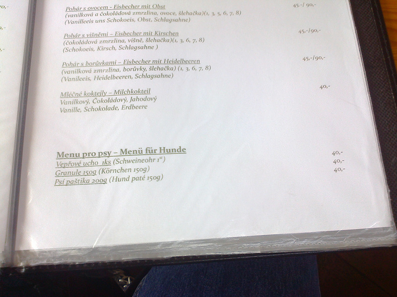 Dog Menu at Cafe-Grill Promenada, Pec pod Snezkou, Kralovehradecky kraj, Bohemia(CZ), 2015