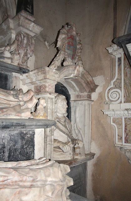 Detail of the Memorial to Sir Roger Smith (d1665), St Michael & All Angels Church, Edmondthorpe, Leicstershire