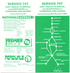 747/1 National Express, Percivals and Premier Travel service 747 Winter 1984-5 timetable leaflet cover