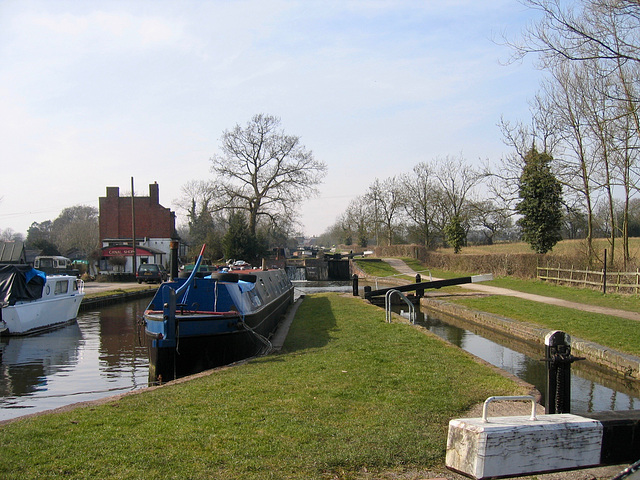 Lapworth Locks on Stratford Canal from near Bridge 33 and the Boot Inn