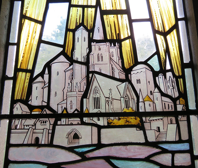 stock church, essex. c20 east window glass by reginald bell 1948-50