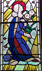 stock church, essex. c20 east window glass by reginald bell 1948-50