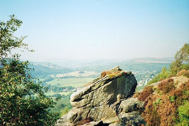 Looking north over Grindleford and upstream along the River Derwent (Scan from 1989)