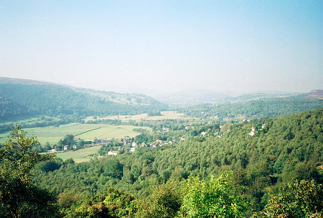 Looking north over Grindleford and upstream along the River Derwent (Scan from 1989)