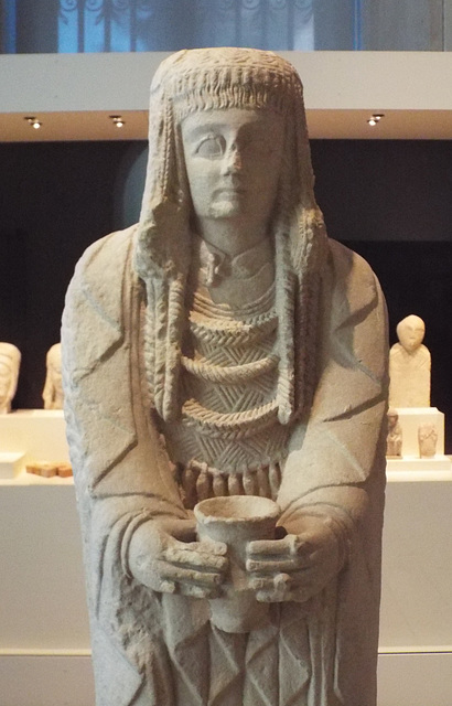 Detail of the Iberian Great Lady Offerant in the Archaeological Museum of Madrid, October 2022