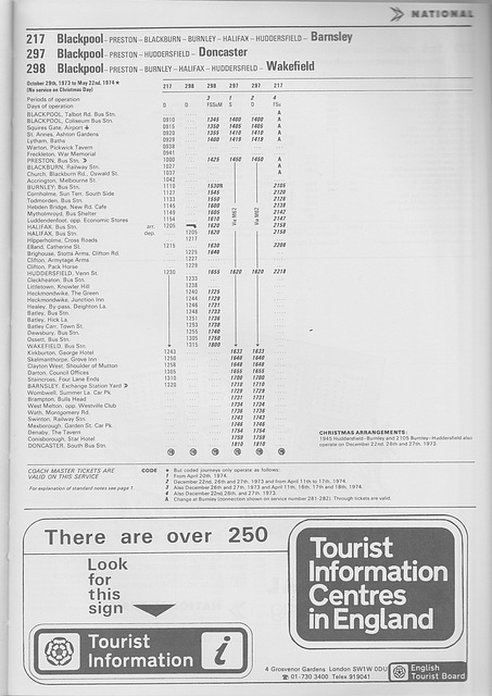 Blackpool-South Yorkshire services timetable from the National Travel (NBC) Limited Coach Guide - Winter 1973/1974 Blackpool-South Yorkshire services timetable from the National Travel (NBC) Limited Coach Guide - Winter 1973/1974