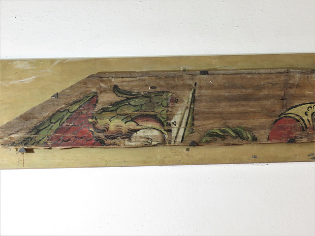 buttsbury church, essex  (22)board from a c15 doom tympanum, with angel holding a spear and crown of thorns