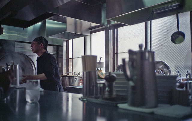 Kitchen of a ramen restaurant