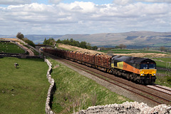 Colas Rail 66850 at Greengate on 6J37 Carlisle Yard to Chirk loaded Timber 22nd May 2013