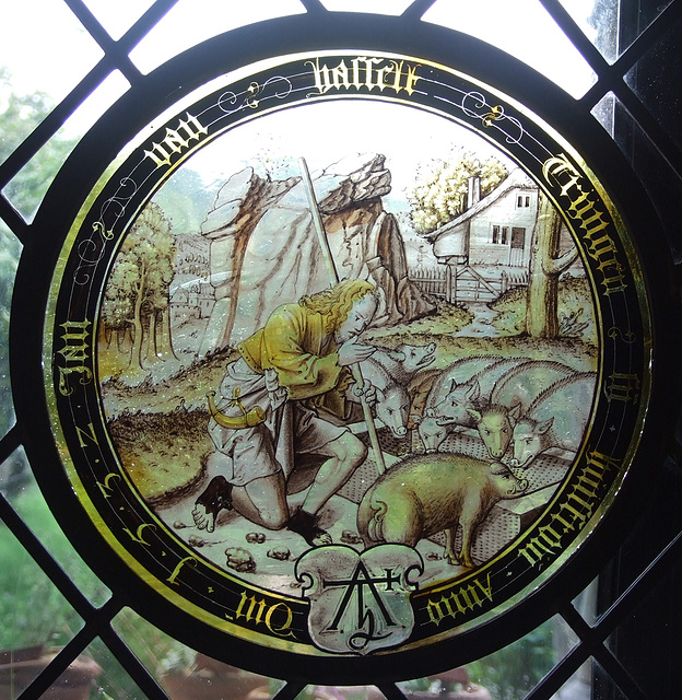 The Prodigal Son Among the Swine Stained Glass Roundel in the Cloisters, June 2011