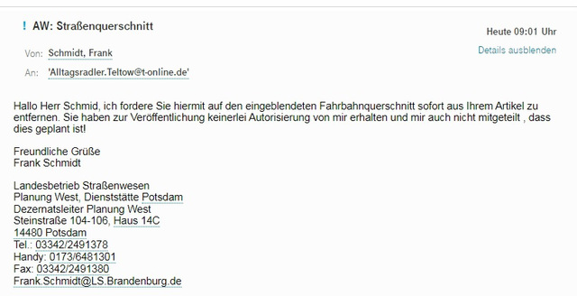 Hier hatte ich den geplanten Straßenquerschnitt für die Erneuerung der L794 hochgeladen (zwischen Teltow und Ruhlsdorf). Leider ist es zu meiner Verblüffung nicht erlaubt so eine Planungszeichnung für