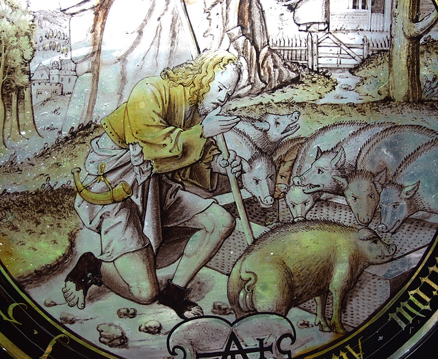 Detail of The Prodigal Son Among the Swine Stained Glass Roundel in the Cloisters, June 2011