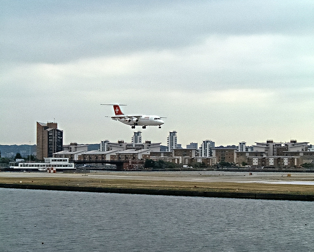 Swissair landing at London City Airport