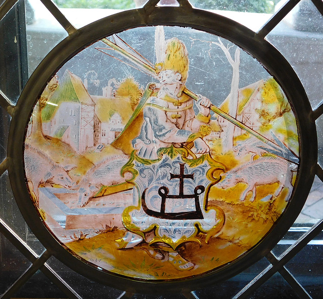 Turkish Soldier Holding an Arrow and Supporting a Shield Stained Glass Roundel in the Cloisters, October 2017