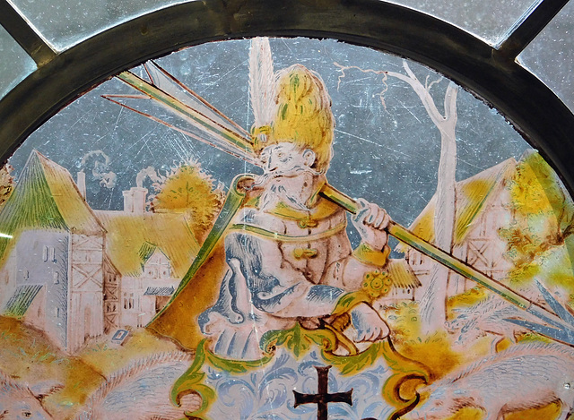 Detail of the Turkish Soldier Holding an Arrow and Supporting a Shield Stained Glass Roundel in the Cloisters, October 2017