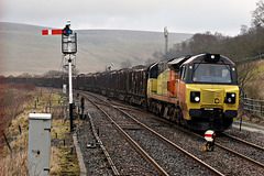 COLAS RAILFREIGHT class 70 70815 with 6V38 12.46 Carlisle Yard - Chirk loaded Logs at Garsdale Station 25th January 2020.