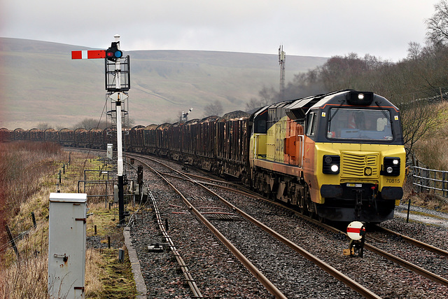 COLAS RAILFREIGHT class 70 70815 with 6V38 12.46 Carlisle Yard - Chirk loaded Logs at Garsdale Station 25th January 2020.