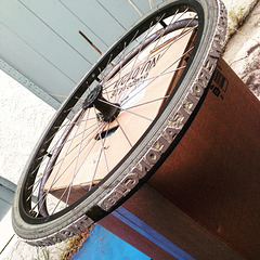 Linocuts glued to wheelchair wheels