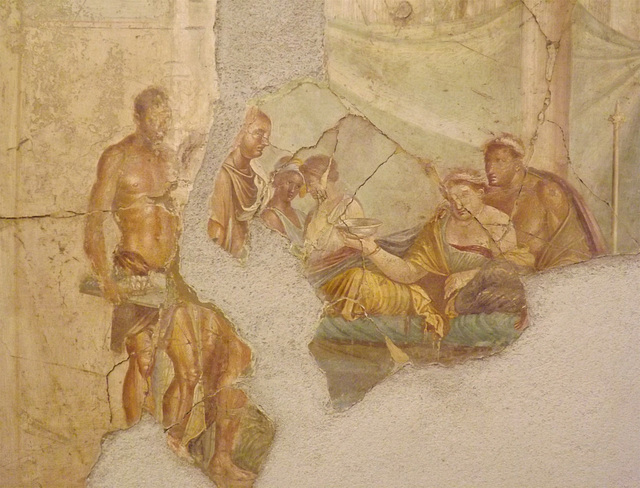 Detail of the Banquet Scene Wall Painting from the House of Joseph II in Pompeii in the Naples Archaeological Museum, July 2012