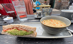 Lunch at the River Bothy, Berriedale. Homemade Chicken broth and smashed avocado and tomato on home baked brown bread