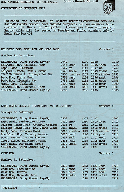 Neals SCC Mildenhall local service timetable leaflet (Page 1 of 2) - 20 Nov 1989