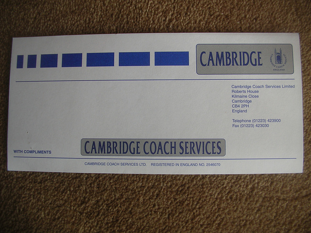 Cambridge Coach Services compliments slip