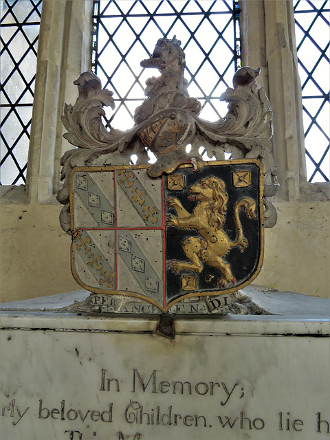 lawford church, essex (60) wooden heraldry atop c18 memorial to the children of thomas dent, erected 1735