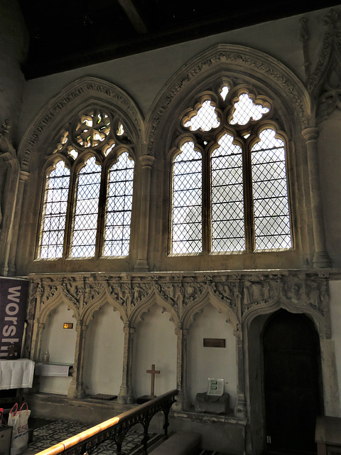lawford church, essex (65) piscina, sedilia and priest's door in c14 chancel