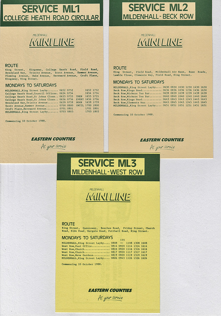 Eastern Counties Mildenhall Mini-Line timetables (ML1, ML2 and ML3) - 10 Oct 1988 Eastern Counties Mildenhall Mini-Line timetables (ML1, ML2 and ML3) - 10 Oct 1988
