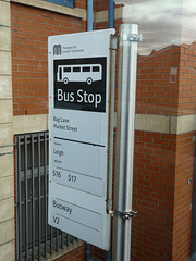 TfGM bus stop sign in Atherton - 24 May 2019 (P1020042)