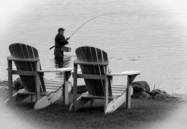 Chairs and fisherman, Maine