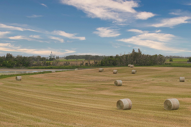 a country church in the distance