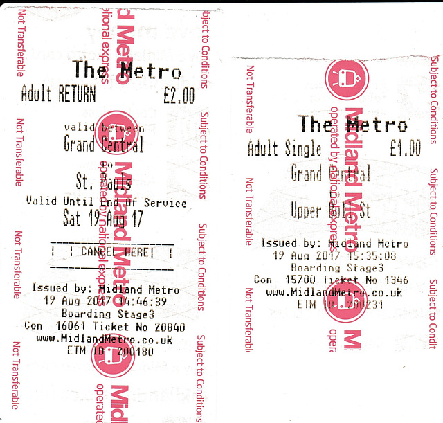Midland Metro tram tickets - 19 Aug 2017