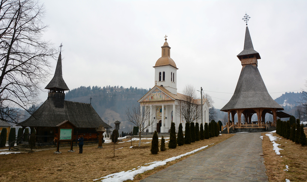 Romania, Maramureș, Old Wooden Church, New Church and Wooden Gazebu in the Moisei Monastery