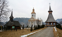 Romania, Maramureș, Old Wooden Church, New Church and Wooden Gazebu in the Moisei Monastery