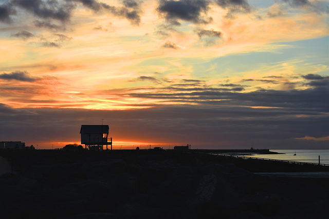 Morecambe Sailing Club race office at sunset