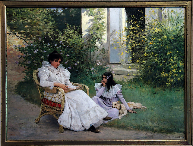 Mère et fille dans un jardin breton - Peintre Edouard Debat-Ponsan